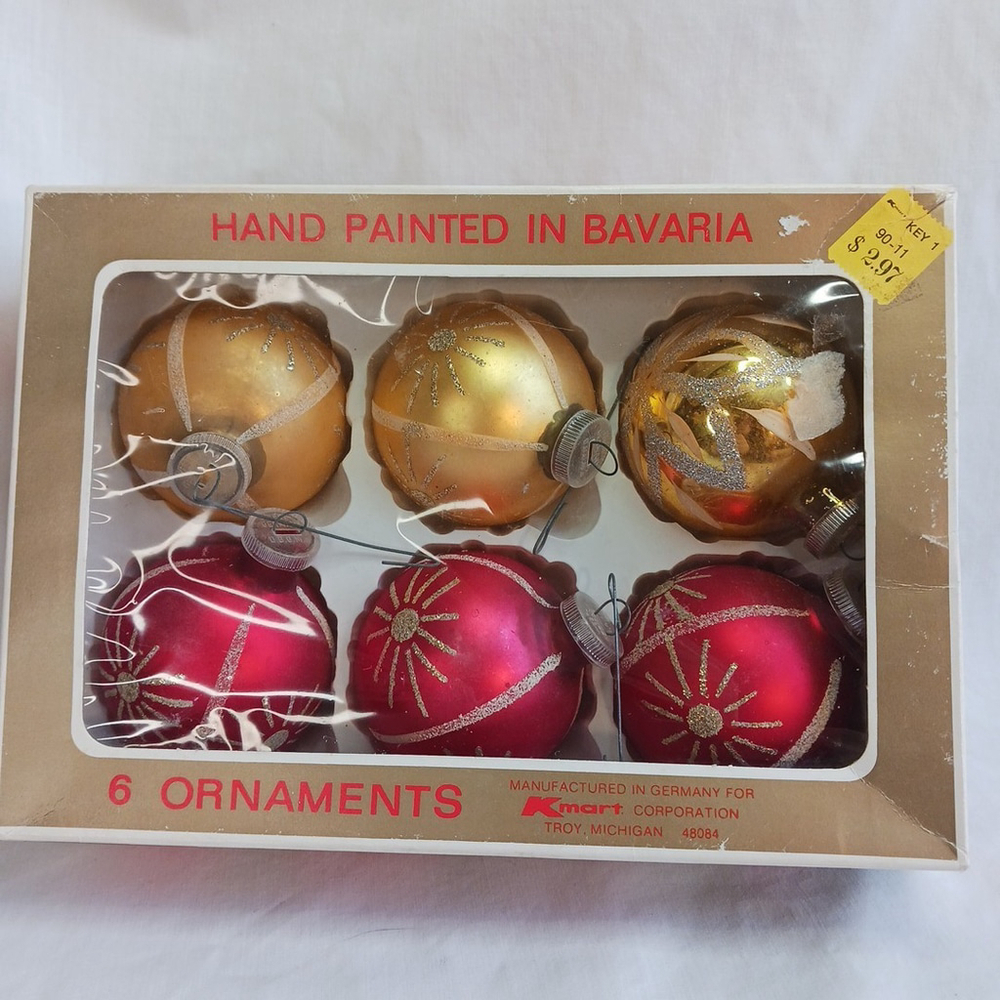 Kmart Vintage Red Glass Ornaments Hand Painted Bavaria